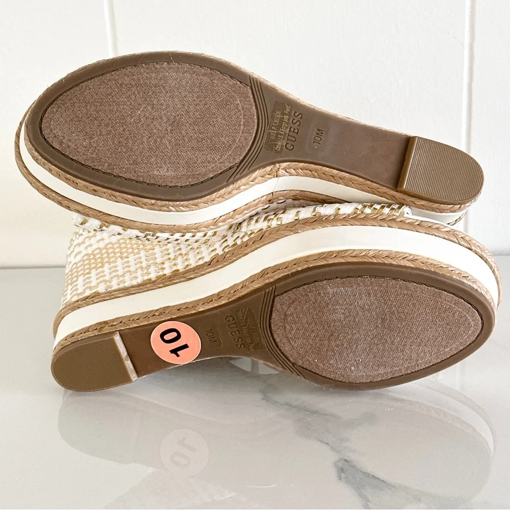 Guess Gace Platform Wedge Sandal 10 Metallic Gold and White Woven T-Straps